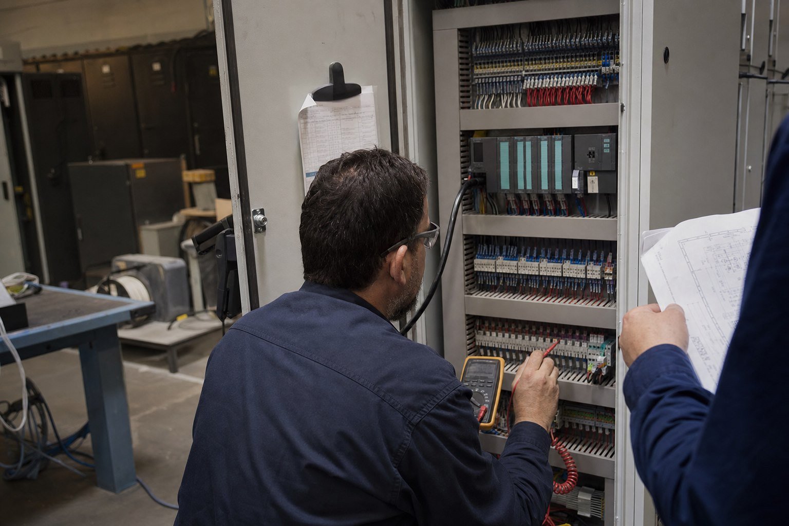 Technician checking PLC cabinet wiring during factory acceptance review