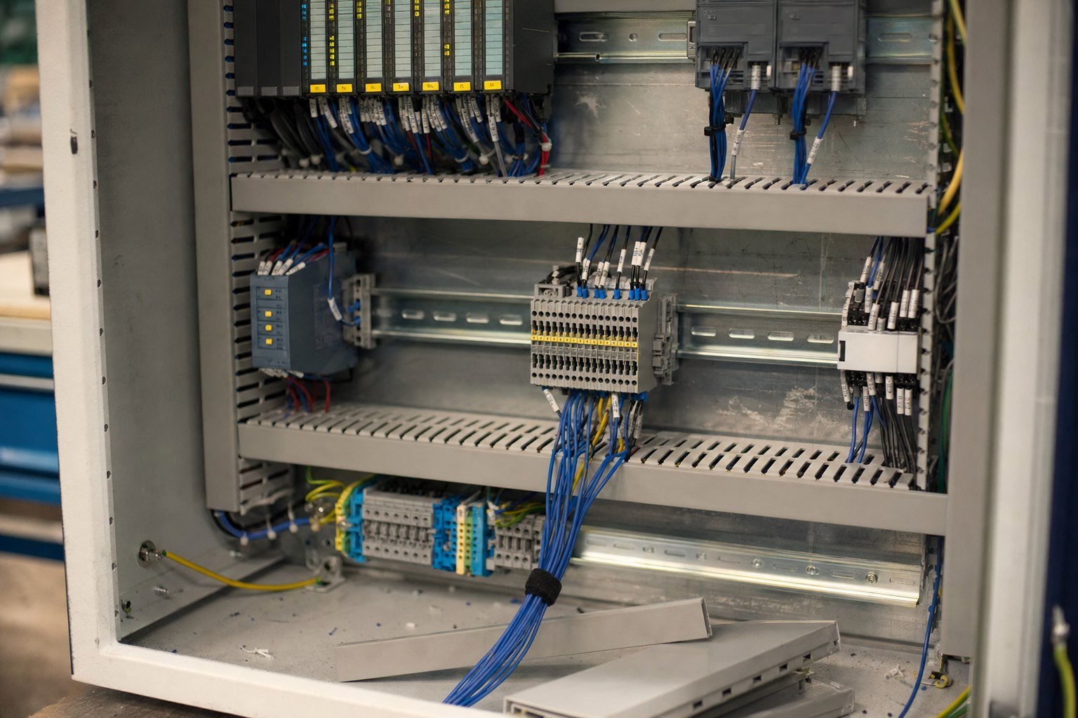Organized PLC cabinet wiring with slotted ducts and labeled terminals