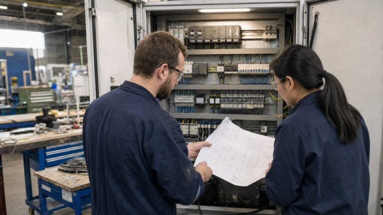 Engineer reviewing a PLC control cabinet RFQ beside an open automation panel