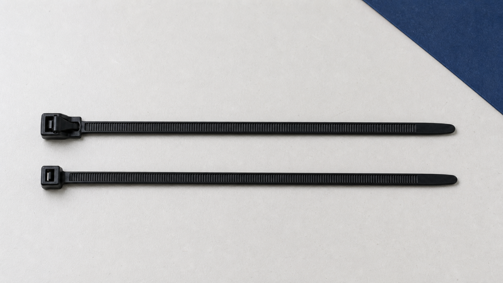 Reusable and single-use cable ties compared on an electrical workbench