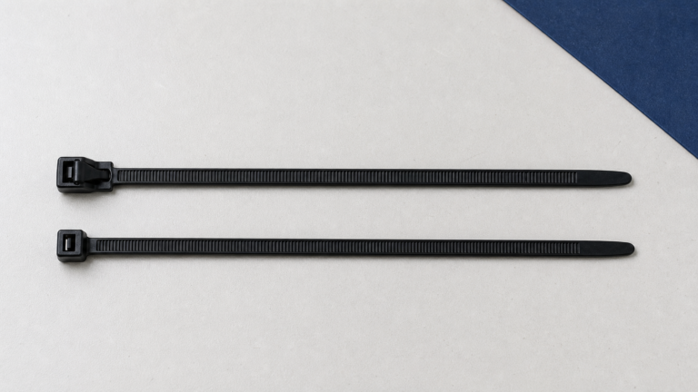 Reusable and single-use cable ties compared on an electrical workbench