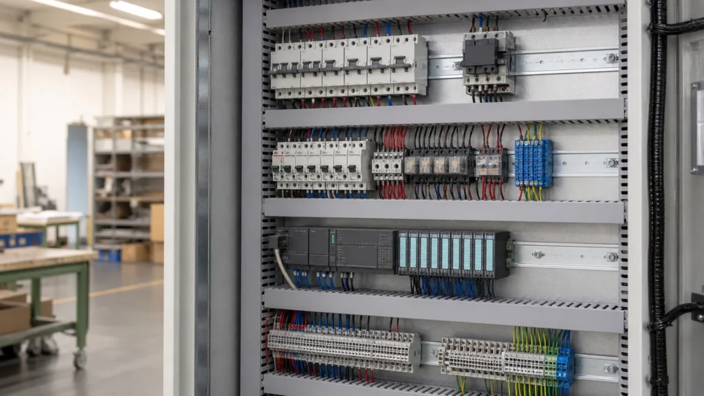 Gray slotted wiring duct organizing cables inside an industrial electrical control panel