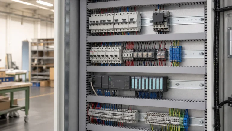 Gray slotted wiring duct organizing cables inside an industrial electrical control panel