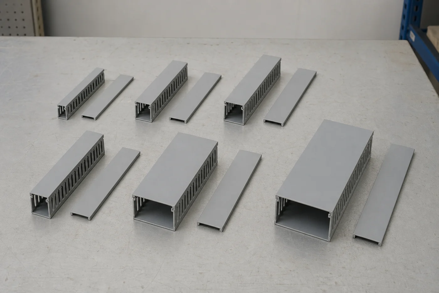 Gray slotted PVC wiring duct samples in different widths and heights