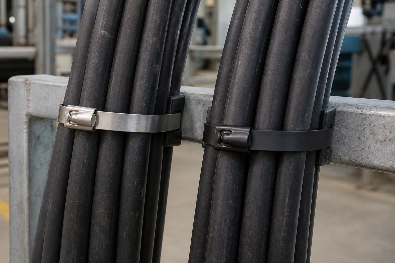 Coated and uncoated stainless steel cable ties on industrial cable bundles