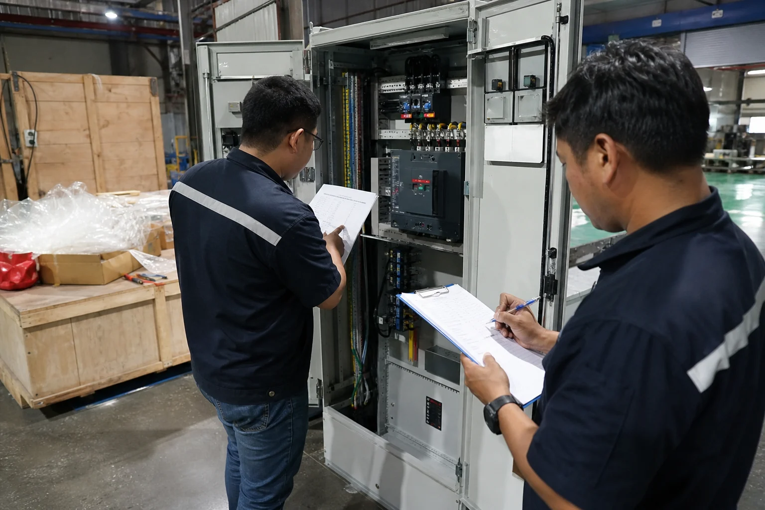 Pre-shipment inspection of an industrial power distribution cabinet