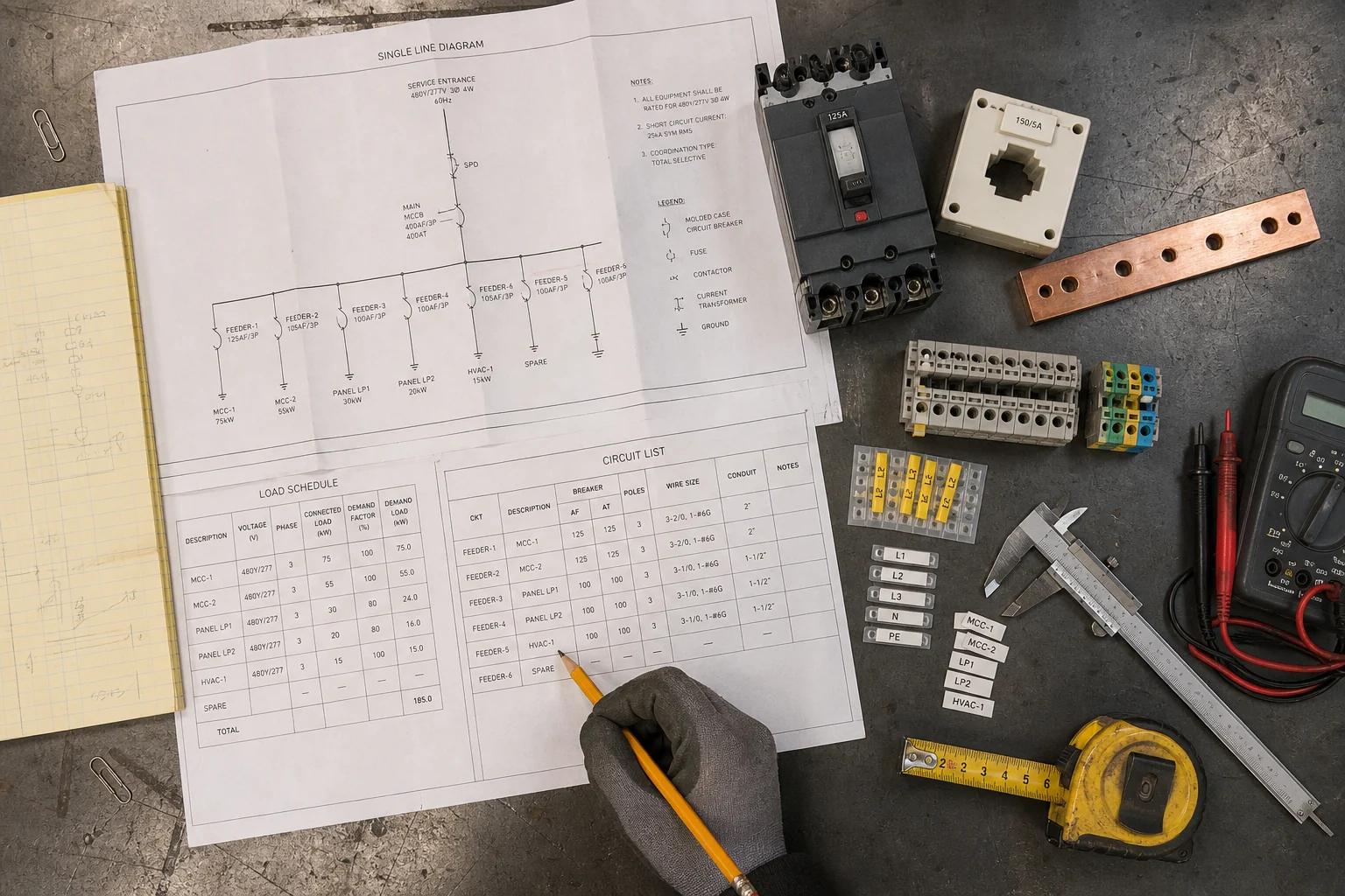 Power cabinet single-line diagram load schedule and component samples on an engineering workbench