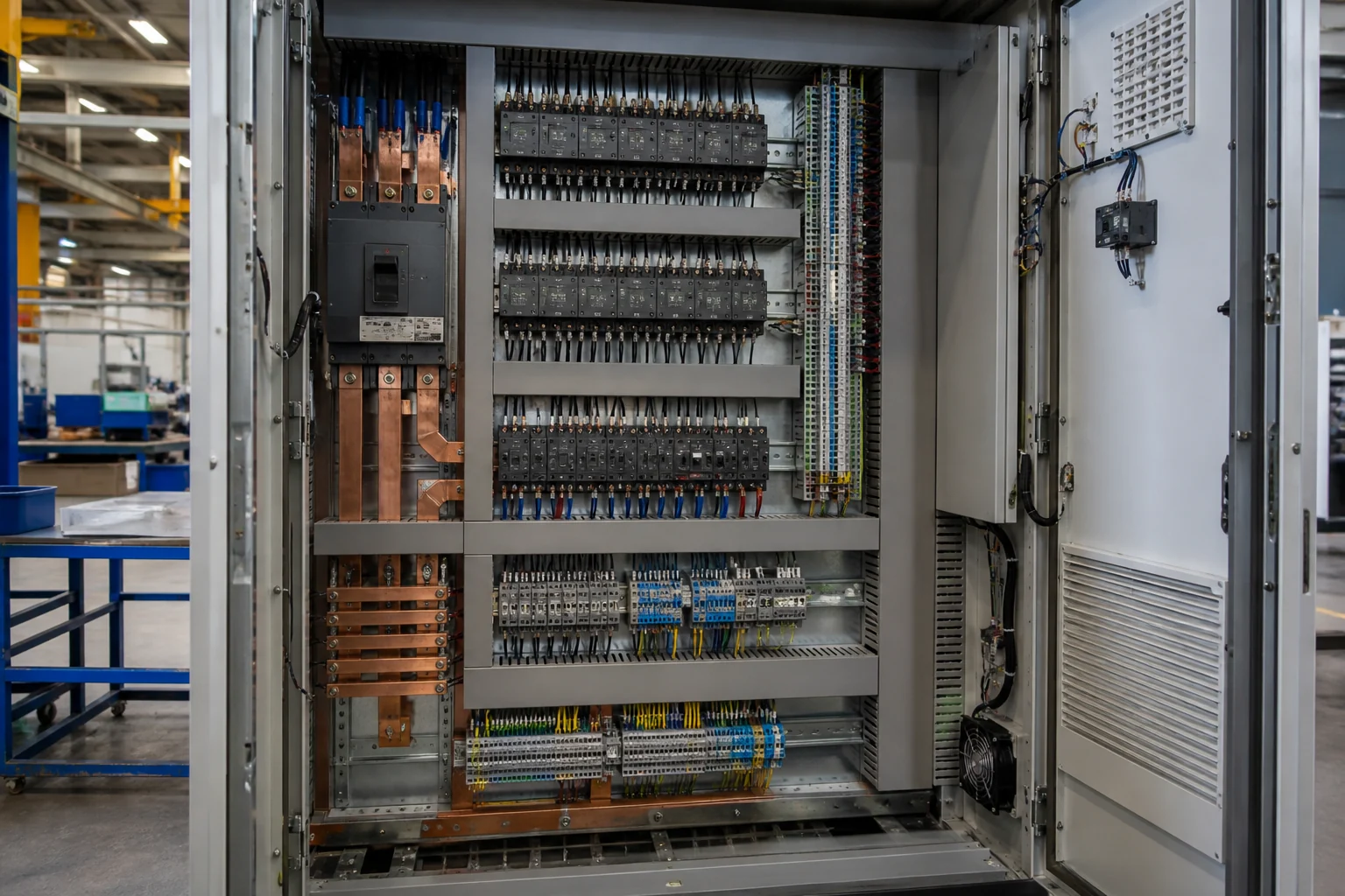 Organized power distribution cabinet layout with breakers terminals and wiring ducts