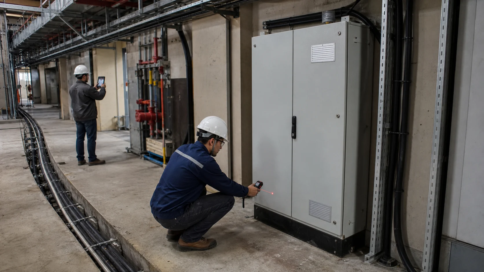 Engineer measuring installation clearance for an industrial power distribution cabinet