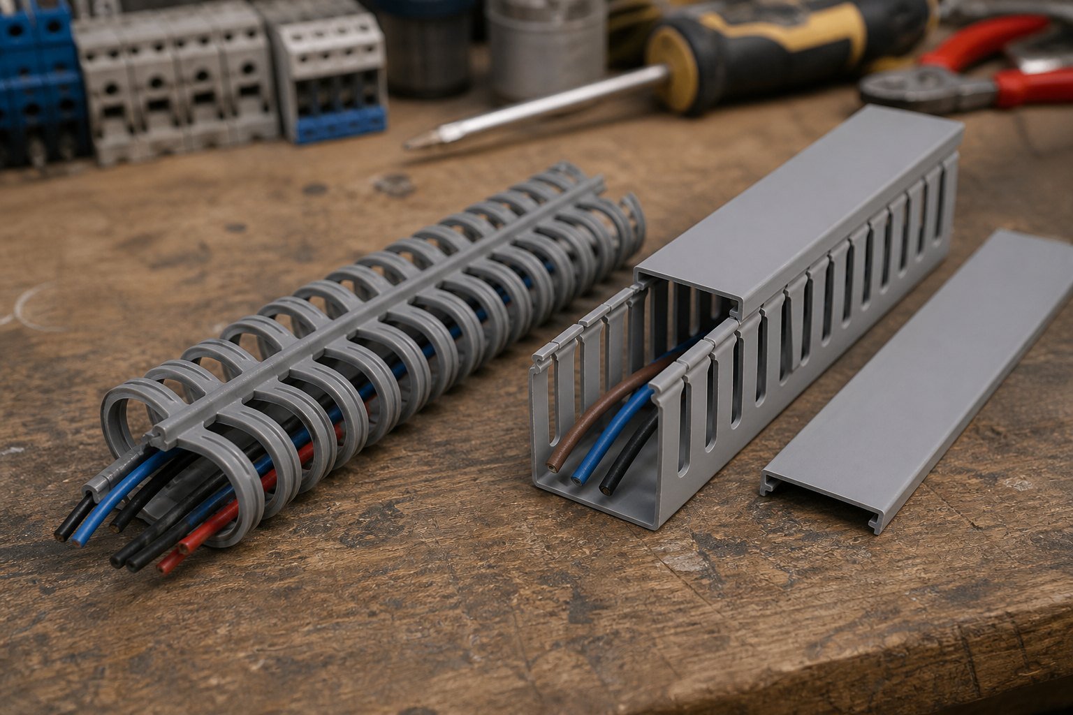 Flexible pull-apart wiring duct compared with covered slotted PVC wiring duct