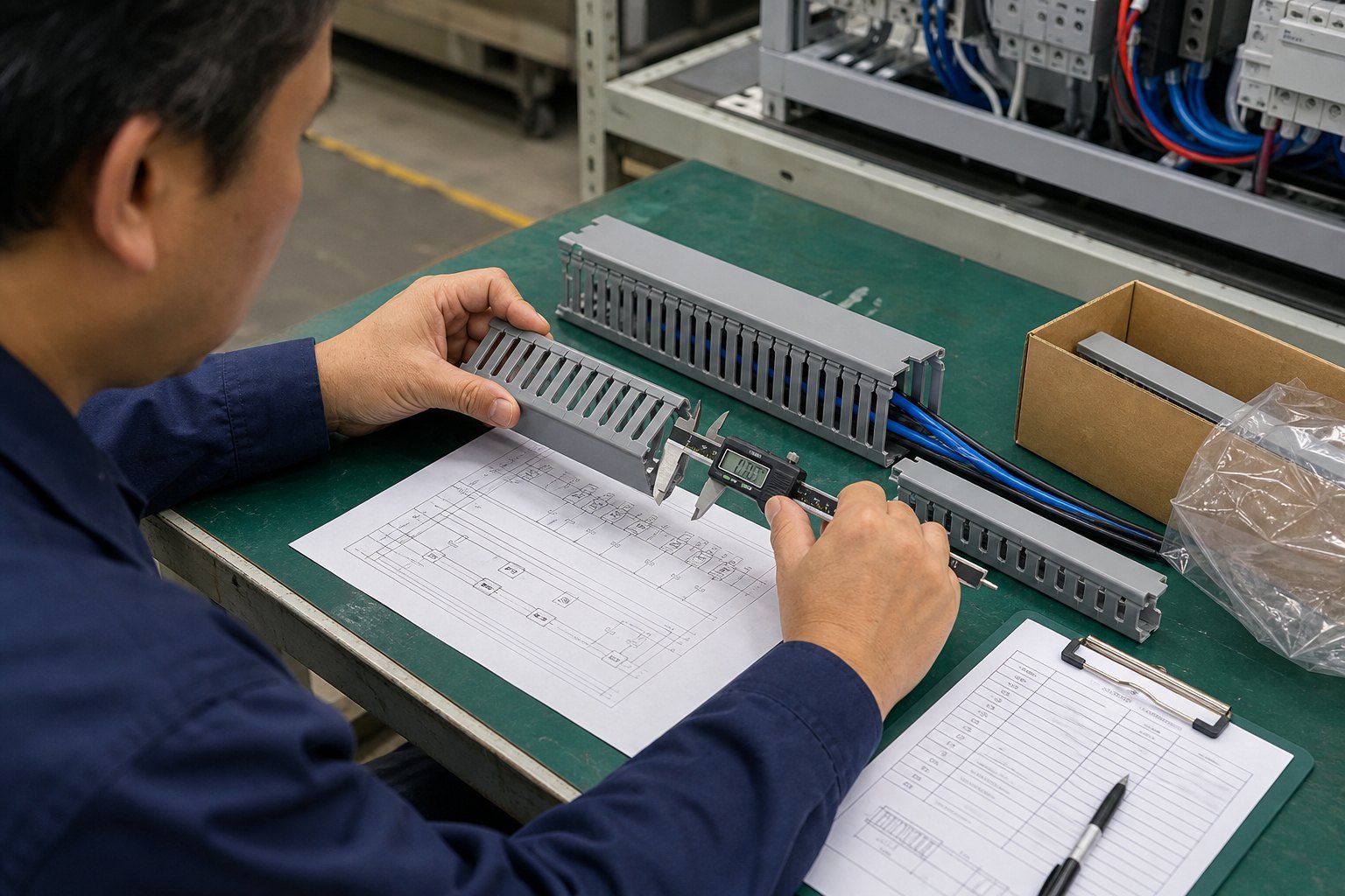 OEM buyer checking wiring duct dimensions and wire fit before bulk purchase