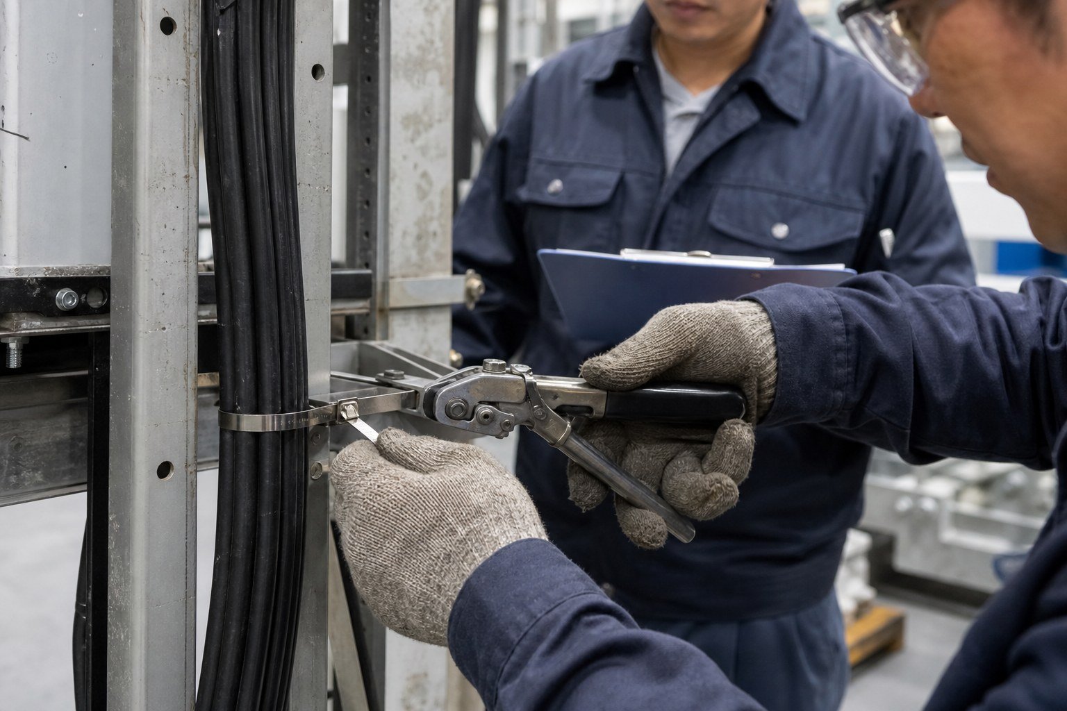 Technician testing a stainless steel cable tie installation tool on a cable bundle