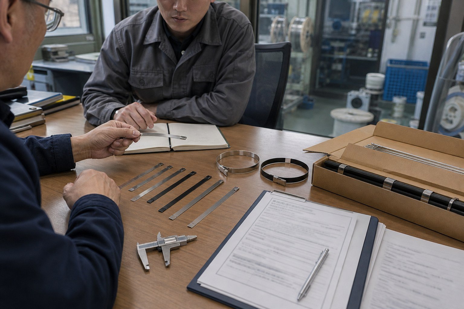 Engineers reviewing a stainless steel cable tie specification and RFQ