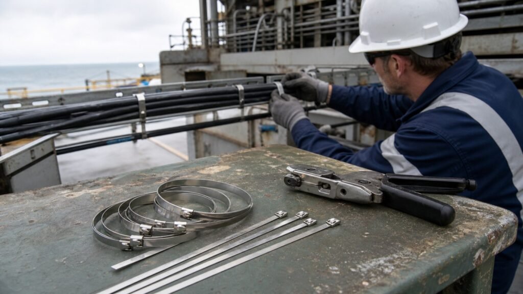 Stainless steel cable ties prepared for a corrosive coastal installation