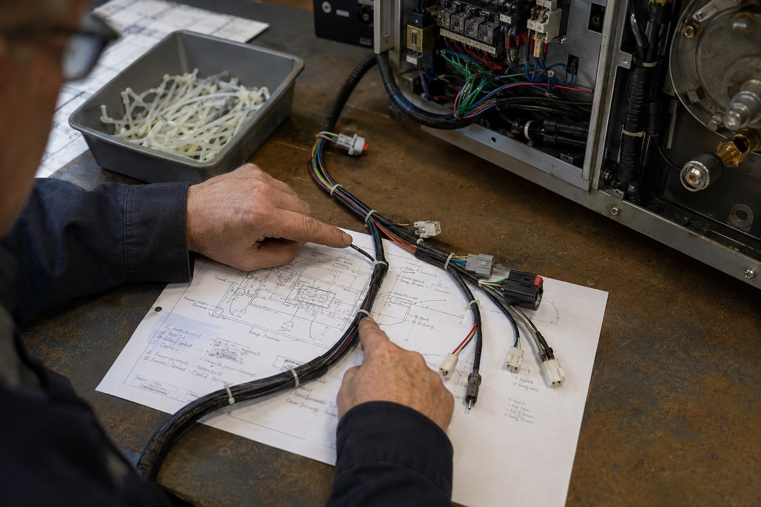 Engineer reviewing temporary tie removal during prototype harness production handover.