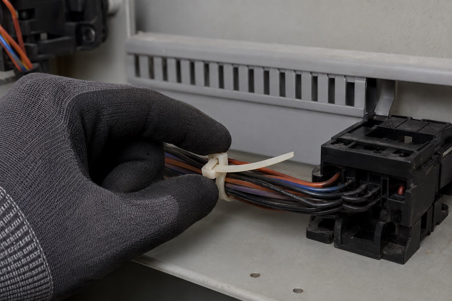 Gloved hand checking release-tab access beside a connector and wiring duct.