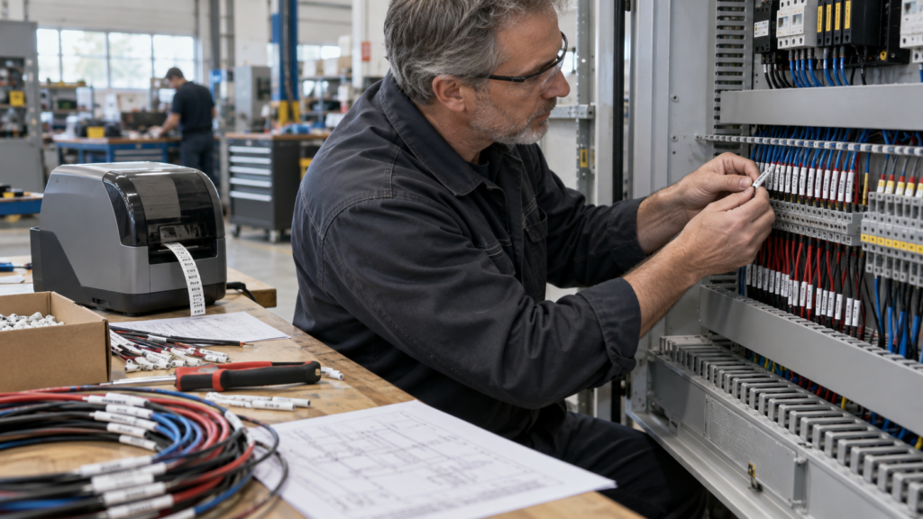 Technician checking printed PVC wire marker tubes in a control panel assembly area