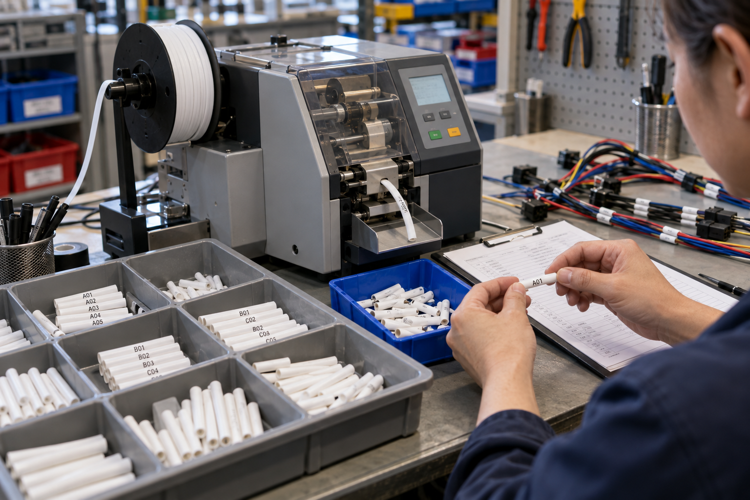 PVC wire marker tube printing and batch sequencing for electrical assembly