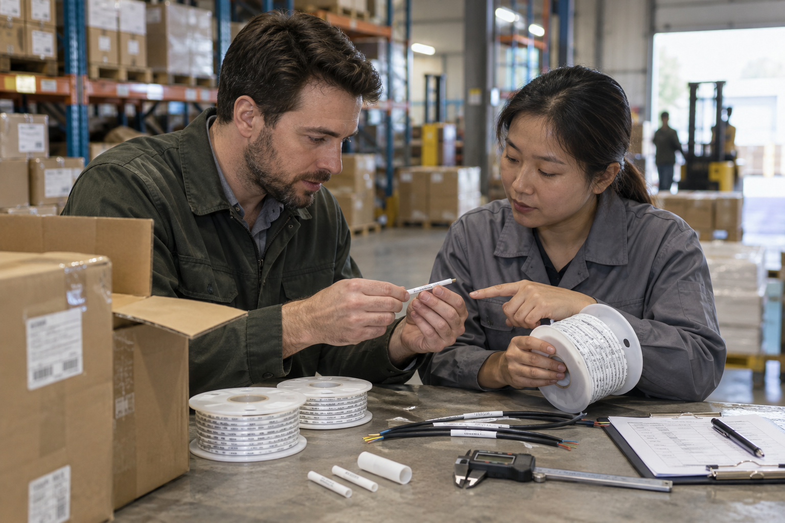 Buyer and quality technician approving PVC wire marker tubing samples