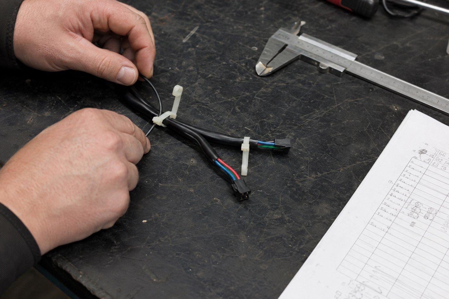 Prototype harness samples prepared for a releasable cable tie rework trial.