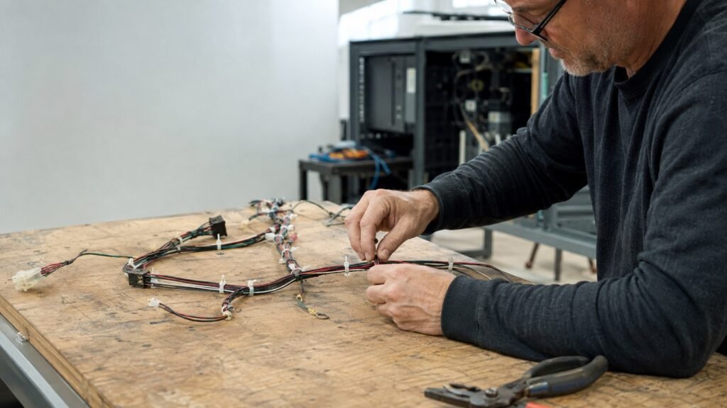Technician adjusting releasable cable ties on a prototype wire harness board.