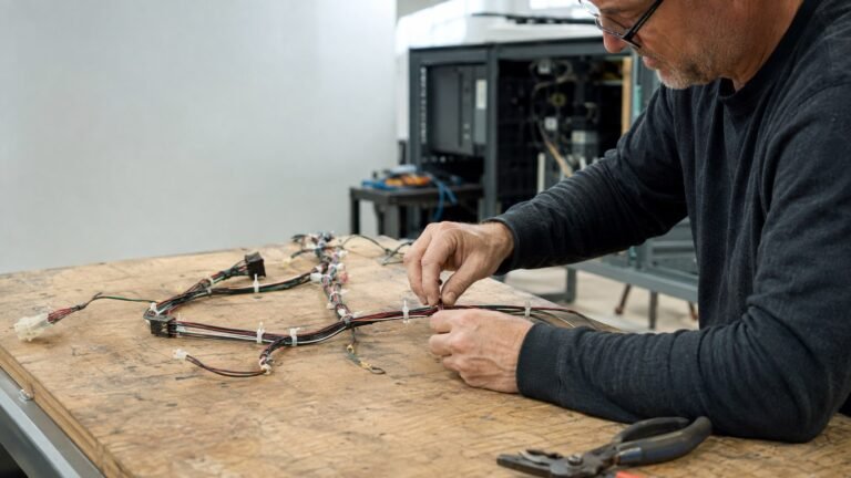 Technician adjusting releasable cable ties on a prototype wire harness board.