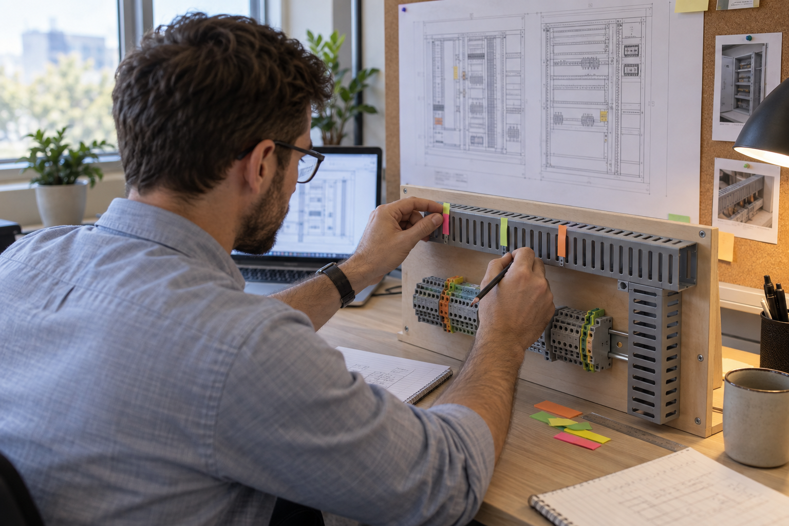 Panel builder marking planned wire exits on connected-finger wiring duct before cutting