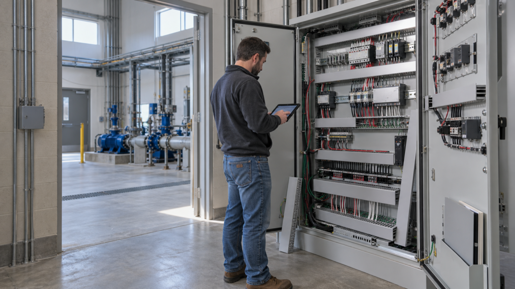Connected-finger sealed wiring duct retaining control wires inside an open PLC control panel