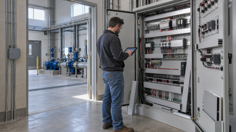 Connected-finger sealed wiring duct retaining control wires inside an open PLC control panel