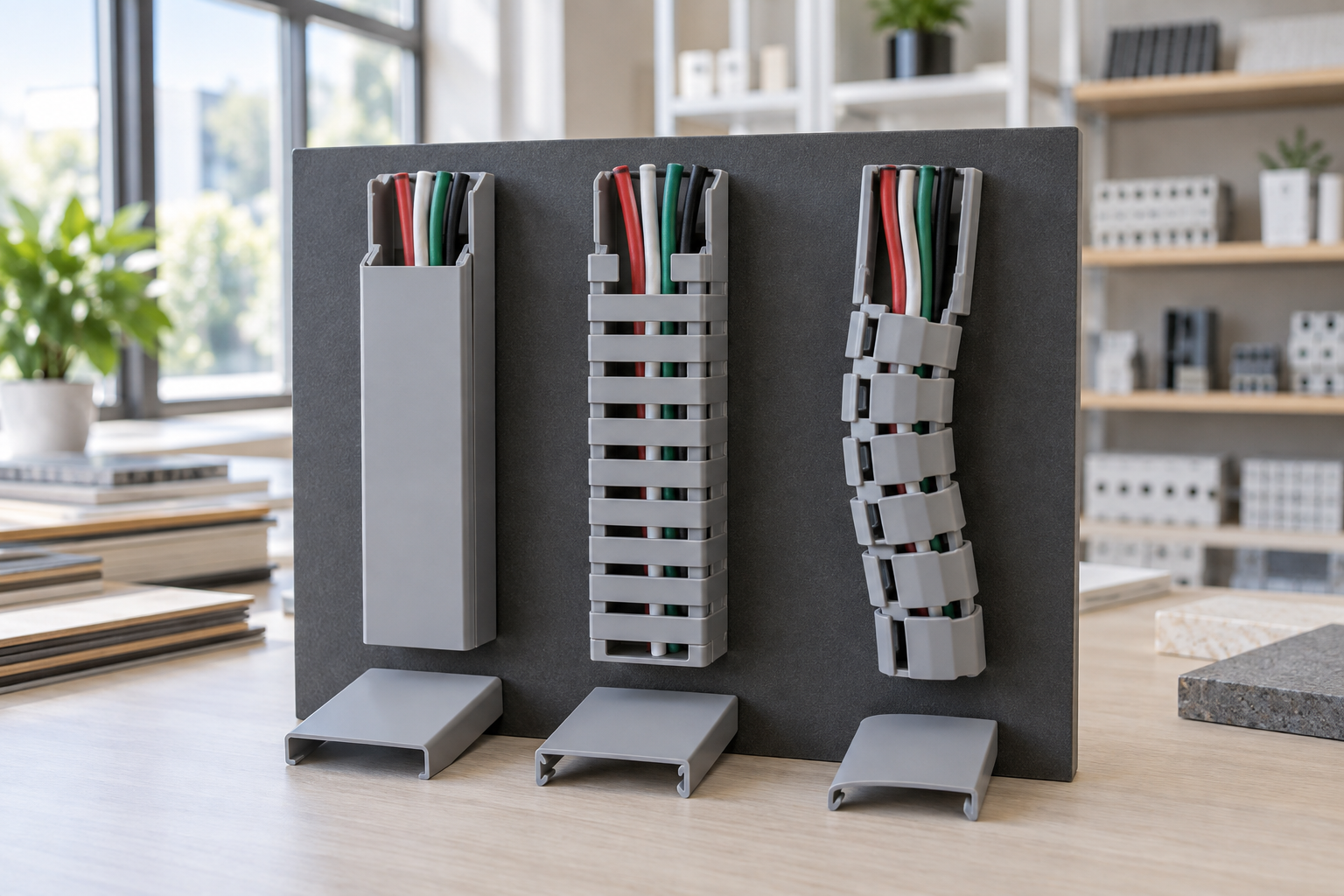 Connected-finger, standard slotted, and pull-apart wiring duct profiles compared on a workbench