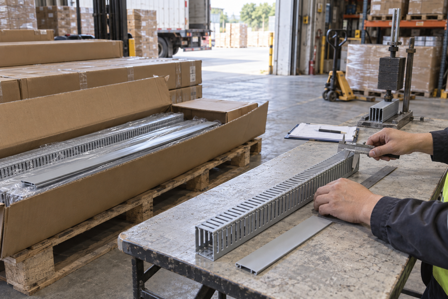 OEM buyer checking sealed wiring duct dimensions, wire retention, and cover fit during sample approval
